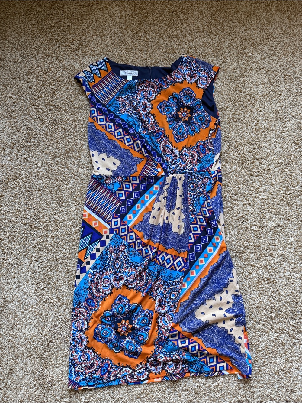 Dress Barn Sleeveless Midi Dress in Blue, Orange & Cream